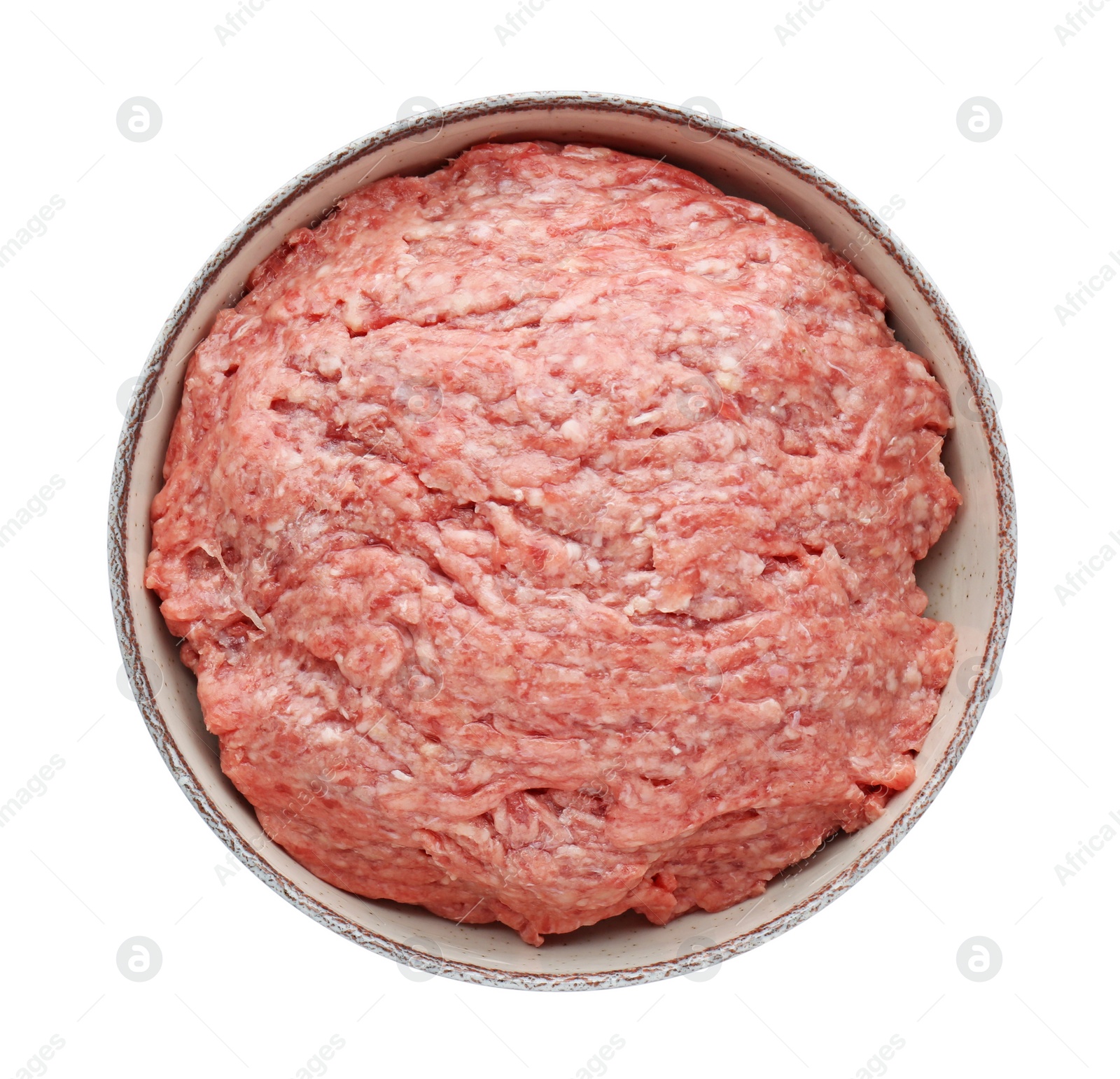 Photo of Bowl with raw fresh minced meat isolated on white, top view