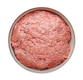 Photo of Bowl with raw fresh minced meat isolated on white, top view