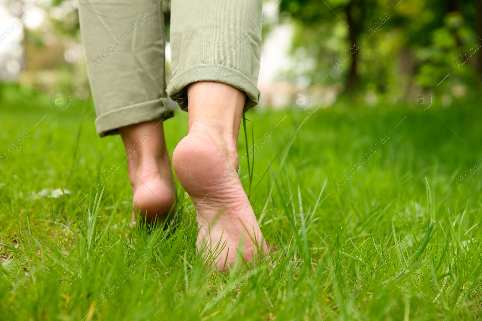 Photo of Woman walking barefoot on green grass outdoors, closeup