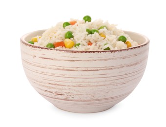Photo of Bowl of delicious rice with vegetables isolated on white