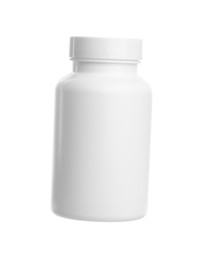 Photo of Blank plastic pill bottle isolated on white