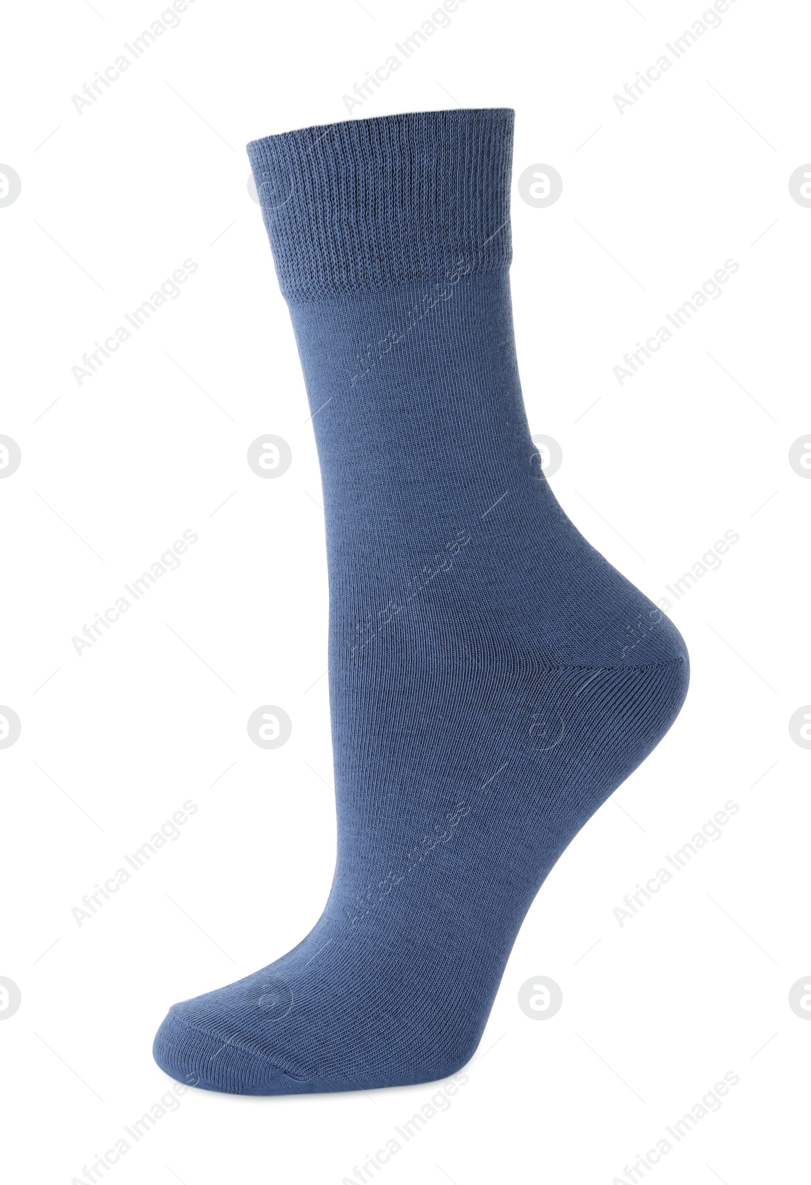 Photo of One new dark blue sock isolated on white