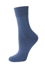 Photo of One new dark blue sock isolated on white