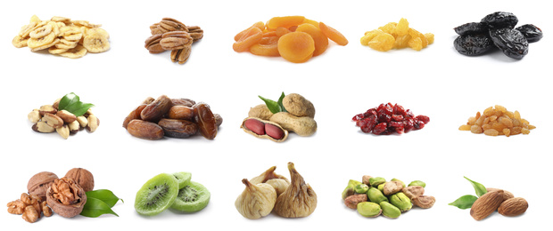 Set of different dry fruits and nuts on white background. Banner design