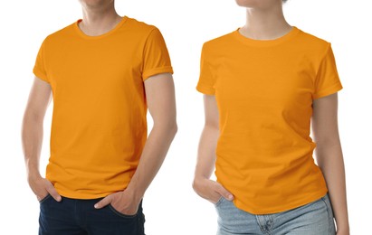 Image of Man and woman wearing orange t-shirts on white background, closeup. Mockup for design