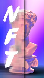 Image of David bust and abbreviation NFT on bright colorful background, pixel effect