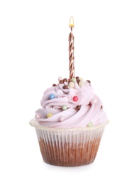 Photo of Delicious birthday cupcake with burning candle isolated on white
