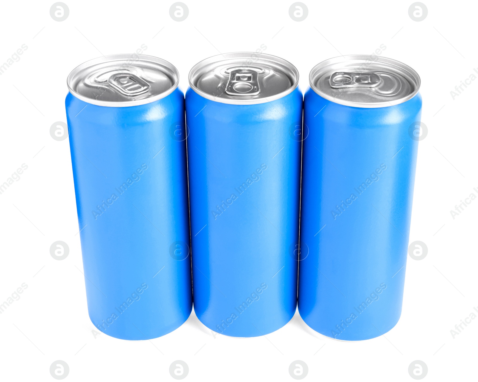 Photo of Energy drinks in blue cans isolated on white