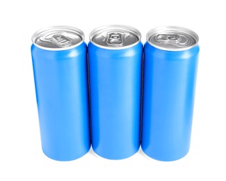 Energy drinks in blue cans isolated on white