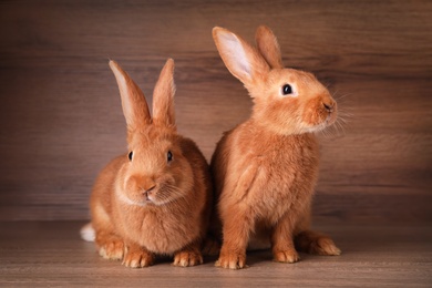 Photo of Cute bunnies on table against wooden background. Easter symbol