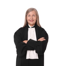 Photo of Smiling senior judge with crossed arms on white background