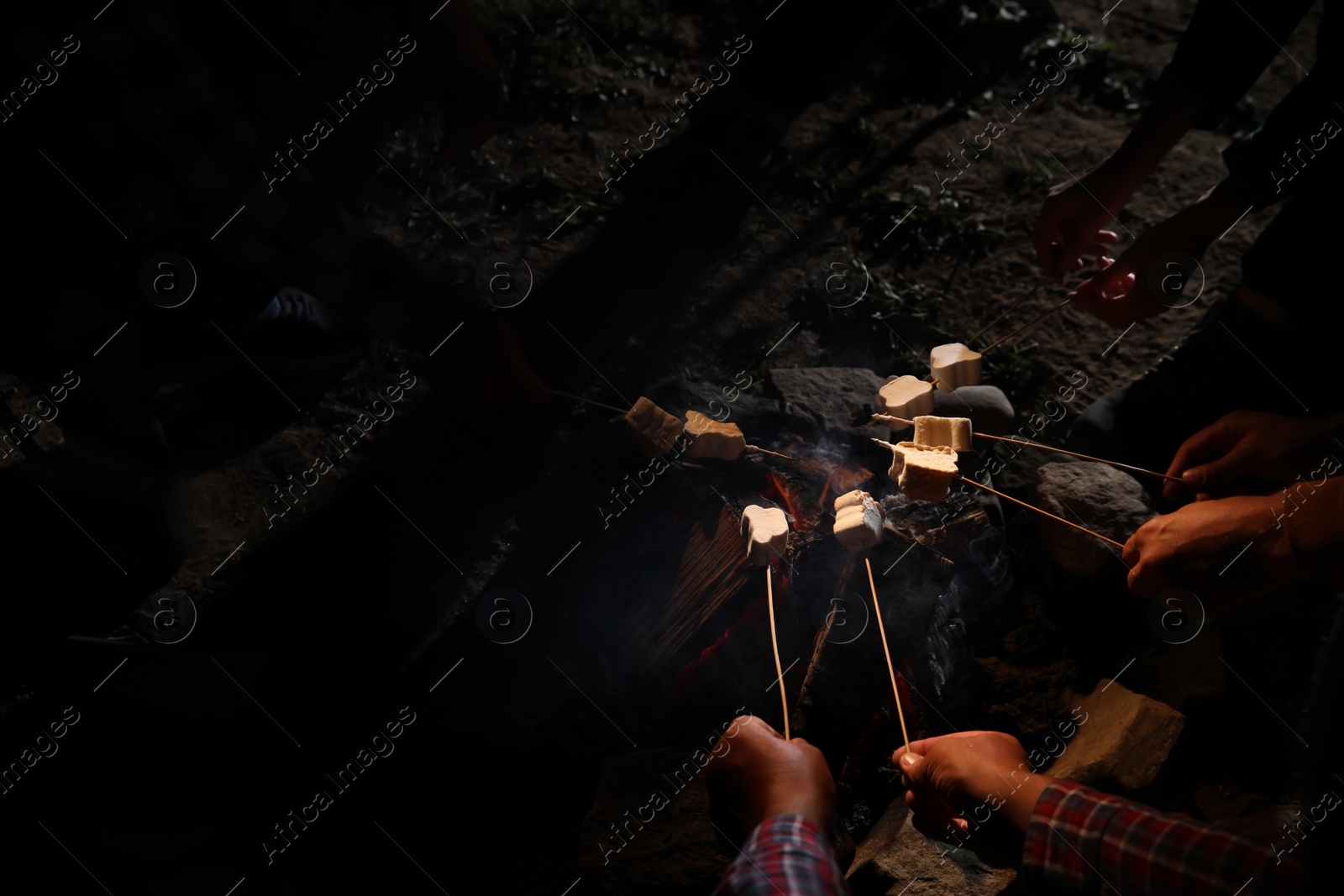 Photo of Group of friends roasting marshmallows on bonfire at camping site in evening, closeup