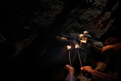 Photo of Group of friends roasting marshmallows on bonfire at camping site in evening, closeup