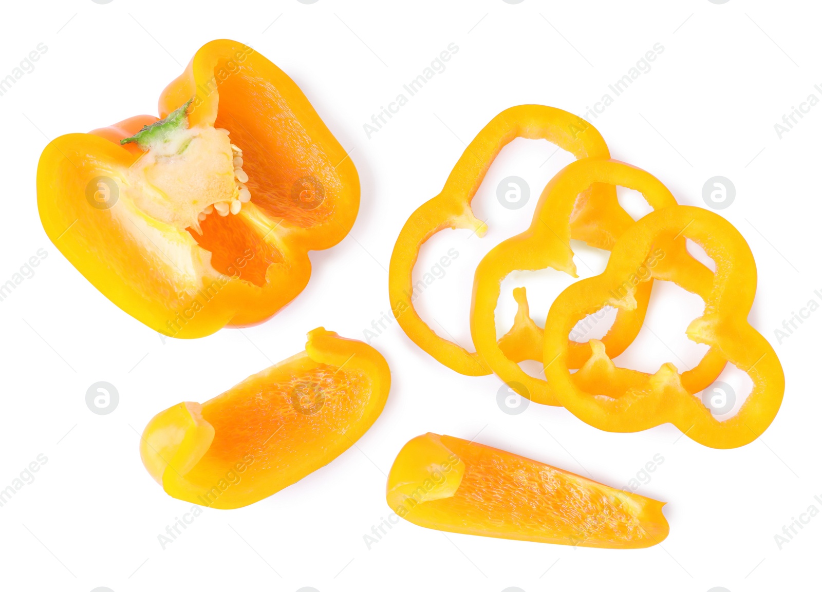 Photo of Juicy orange bell peppers on white background