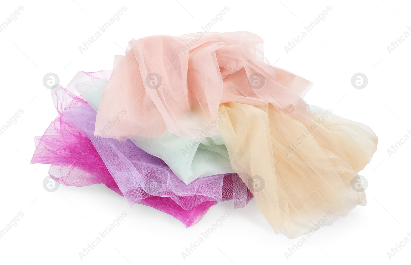 Photo of Beautiful colorful tulle fabrics on white background