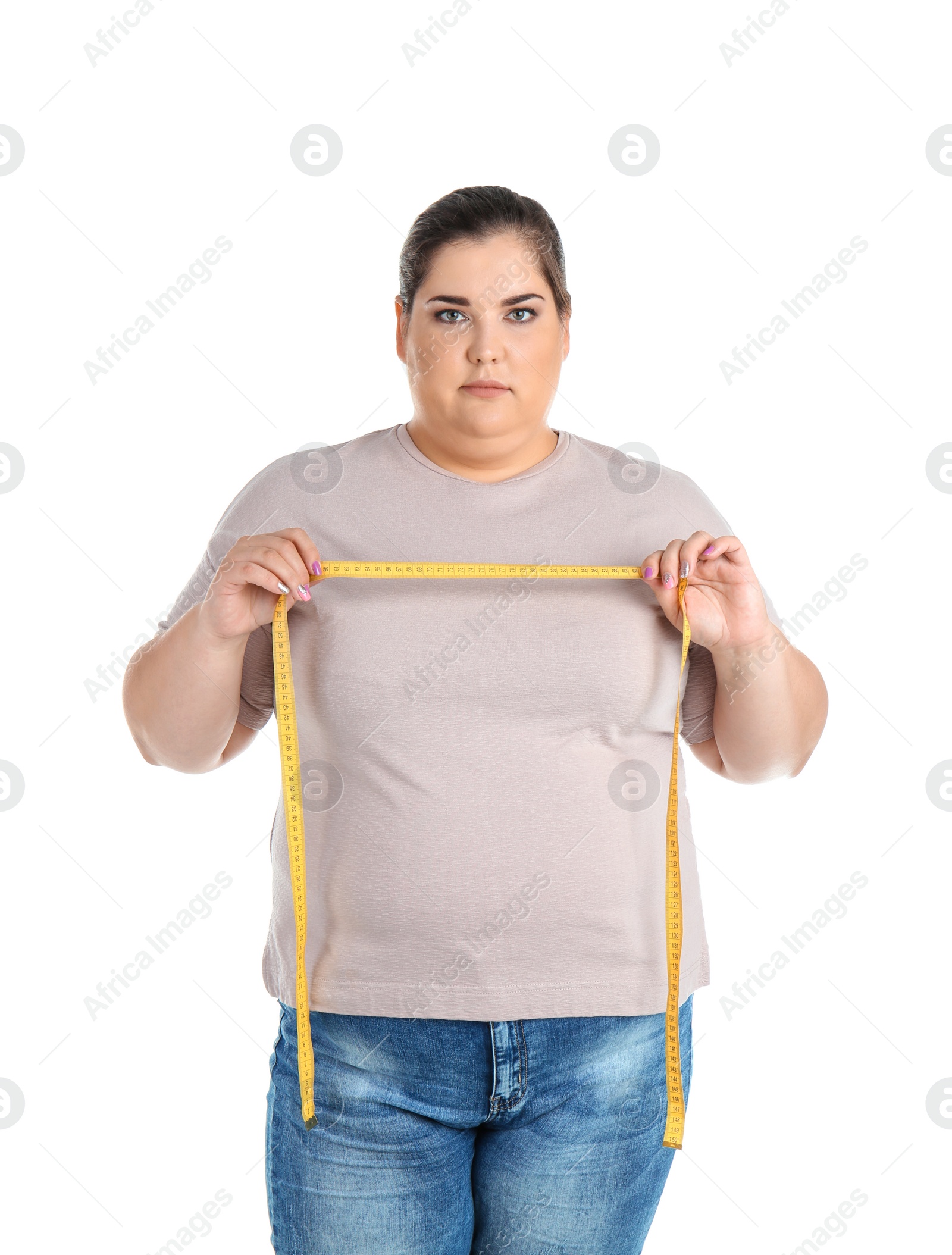Photo of Overweight woman with measuring tape on white background