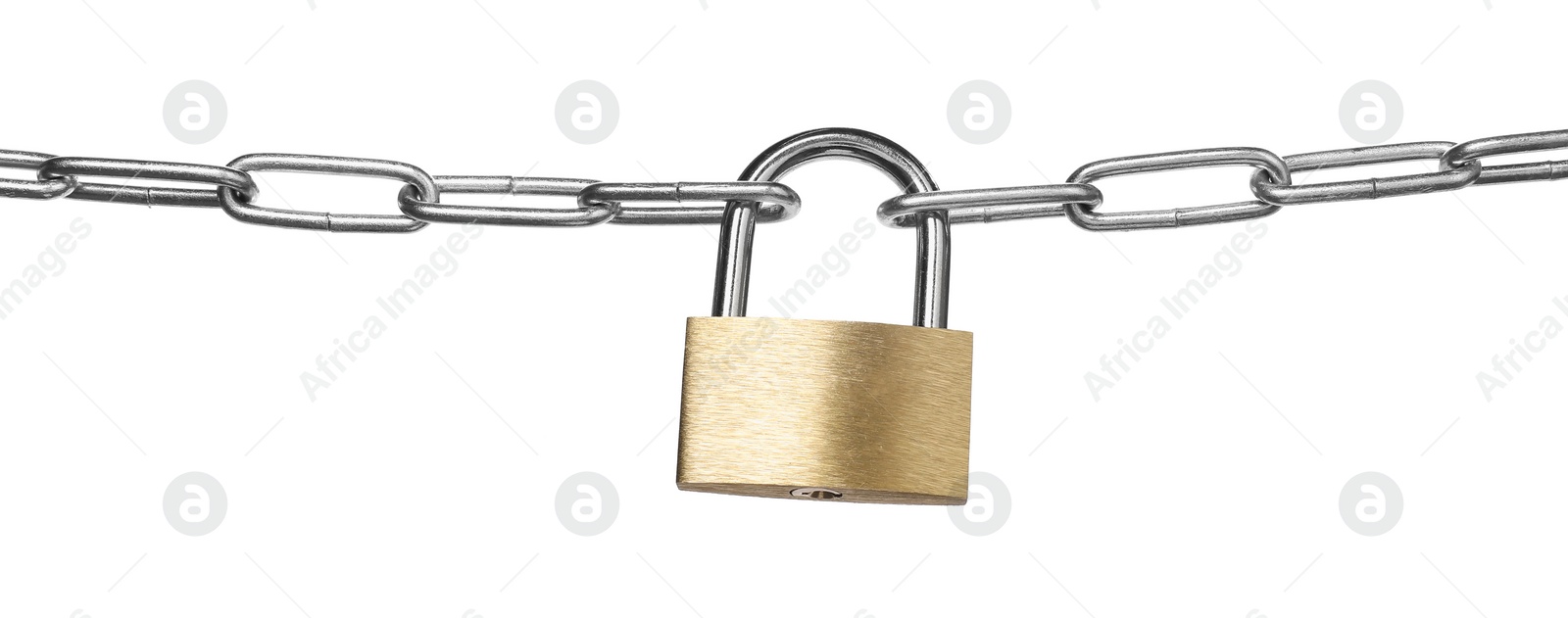 Photo of Steel padlock and chain isolated on white