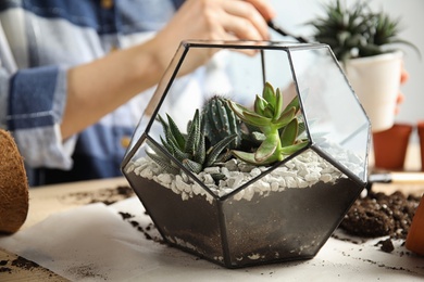 Photo of Woman and florarium with succulents at table, closeup. Transplanting home plants