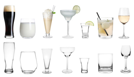 Image of Collage with full and empty glasses on white background