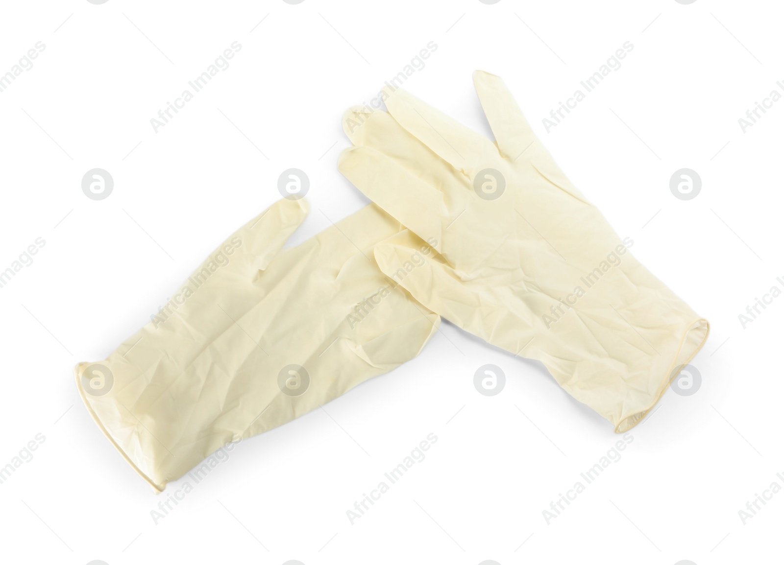 Photo of Pair of medical gloves isolated on white, top view