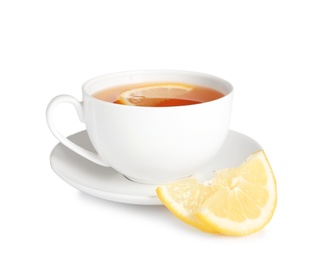 Cup of tea and lemon slices on white background