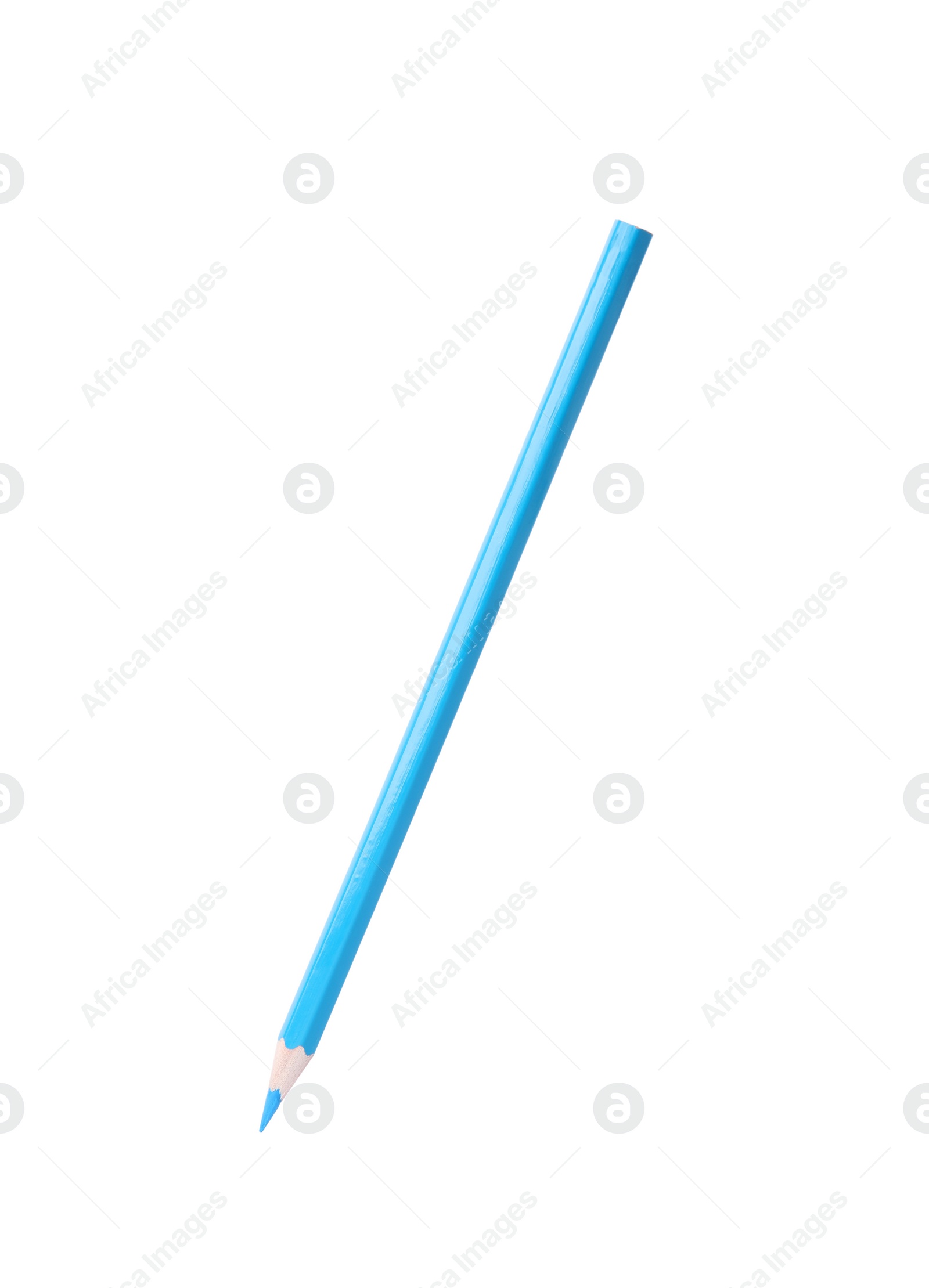 Photo of Light blue wooden pencil on white background. School stationery