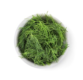 Photo of Bowl of fresh dill isolated on white, top view