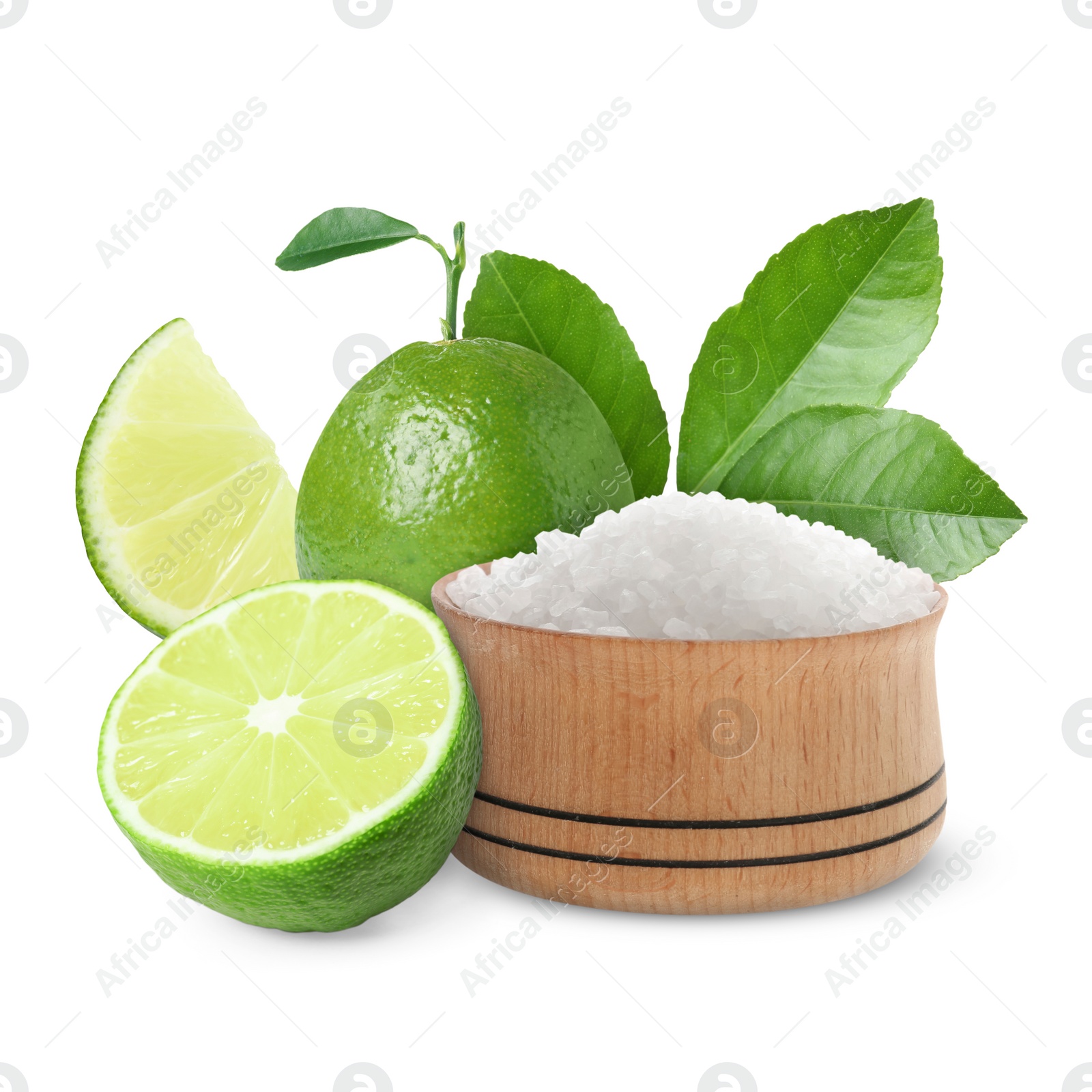 Image of Limes and salt isolated on white. Margarita cocktail ingredients