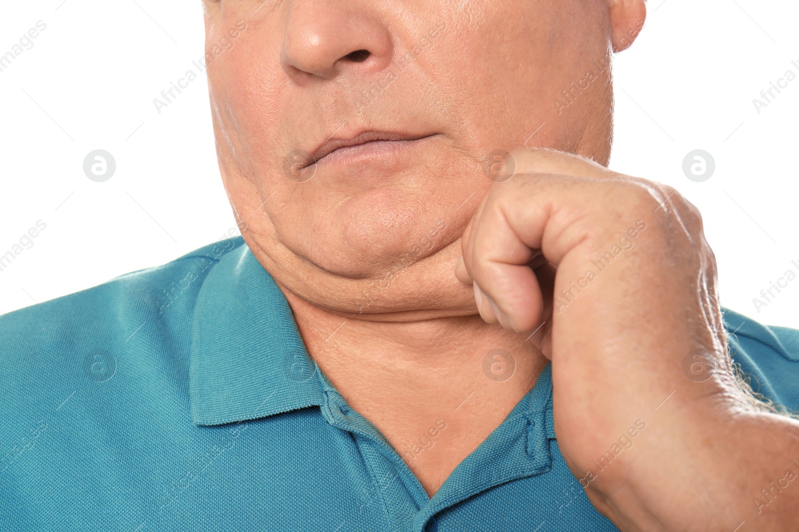 Photo of Mature man with double chin on white background, closeup