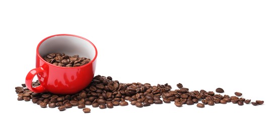 Photo of Red cup and roasted coffee beans on white background