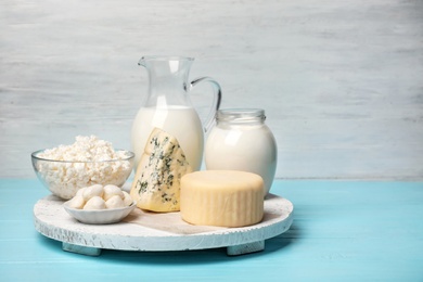 Different fresh dairy products on table