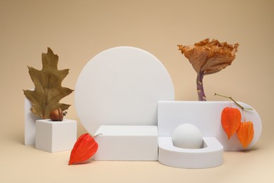 Photo of Autumn presentation for product. White geometric figures, dry leaves, acorn and physalises on beige background