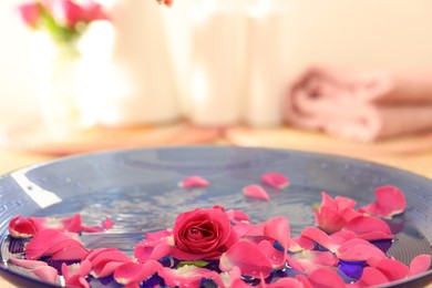 Photo of Pink rose and petals in bowl with water on blurred background, closeup