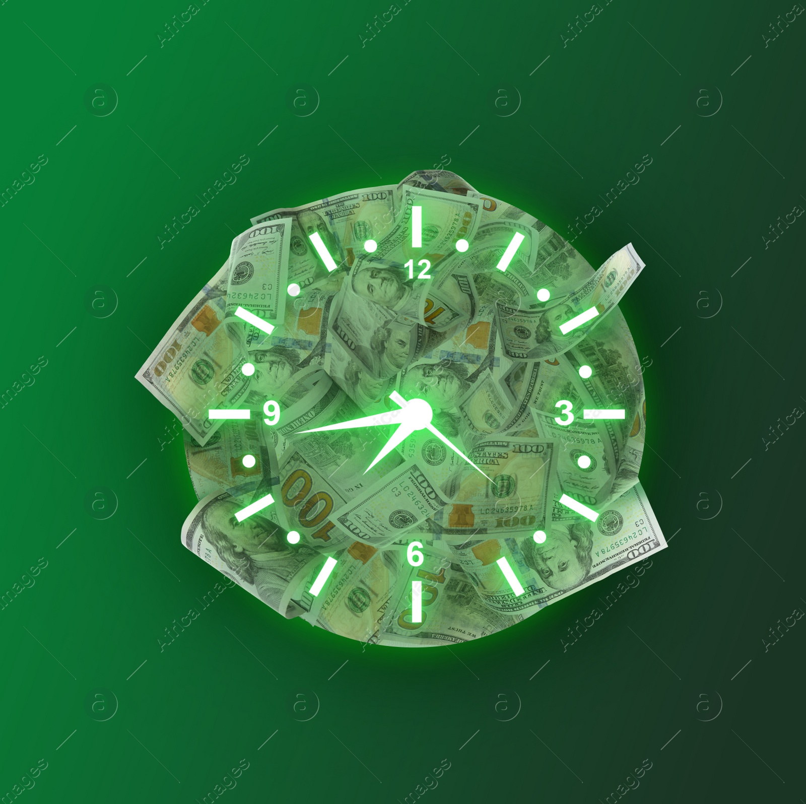 Image of Time is money. Illustration of clock and dollar banknotes on green background, top view