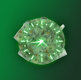 Image of Time is money. Illustration of clock and dollar banknotes on green background, top view