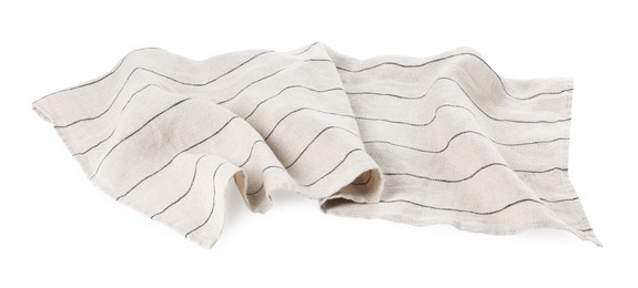 Photo of Striped fabric napkin lying on white background