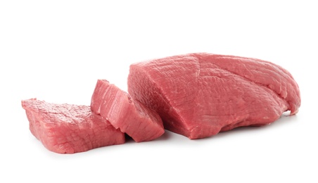 Photo of Cut raw meat on white background. Fresh product