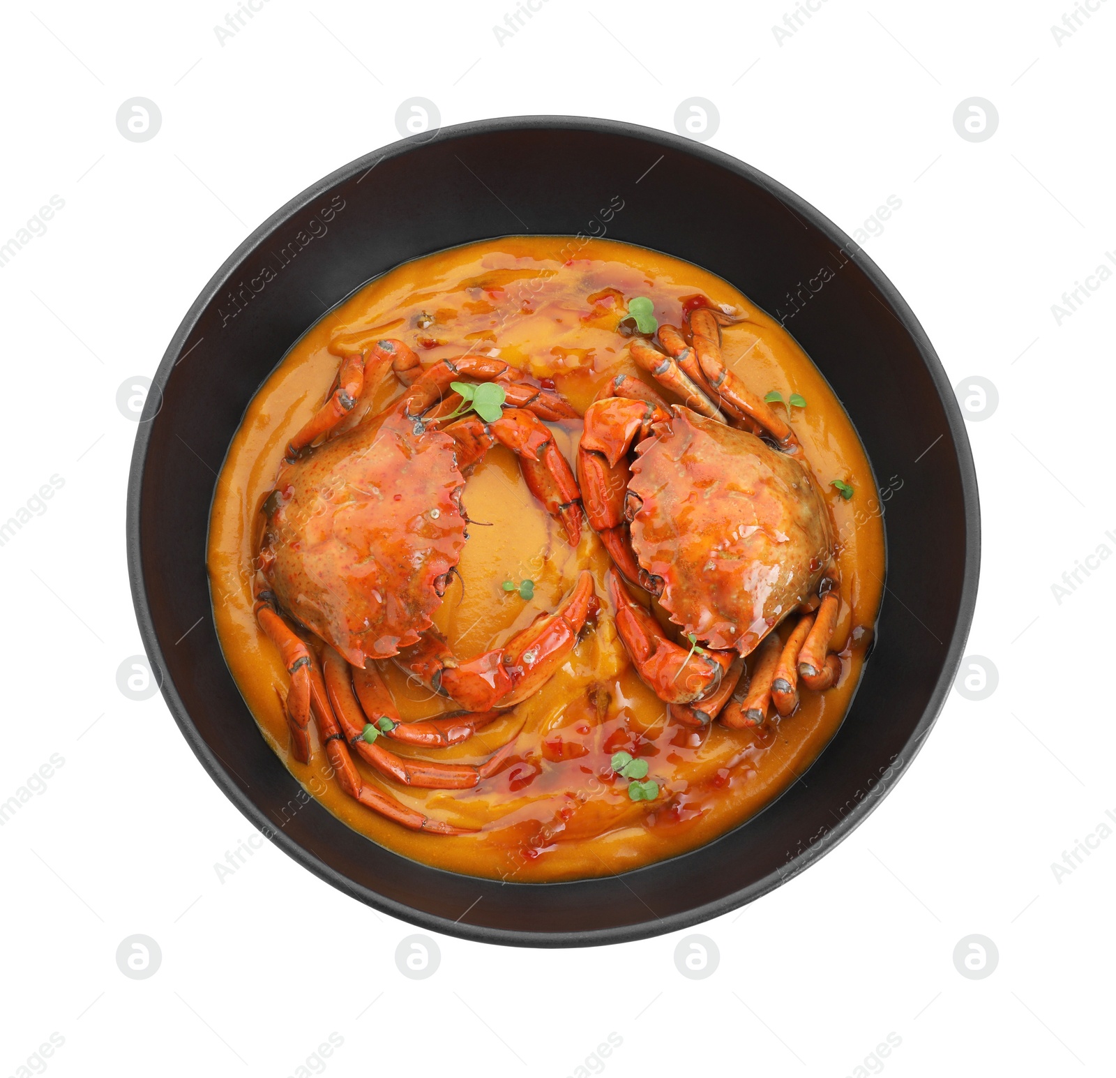 Photo of Delicious boiled crabs with sauce in bowl isolated on white, top view