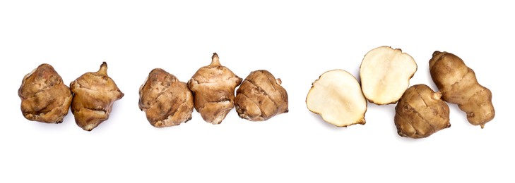 Collage with Jerusalem artichokes on white background