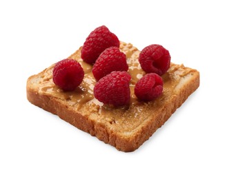 Photo of Delicious toast with peanut butter and raspberries isolated on white