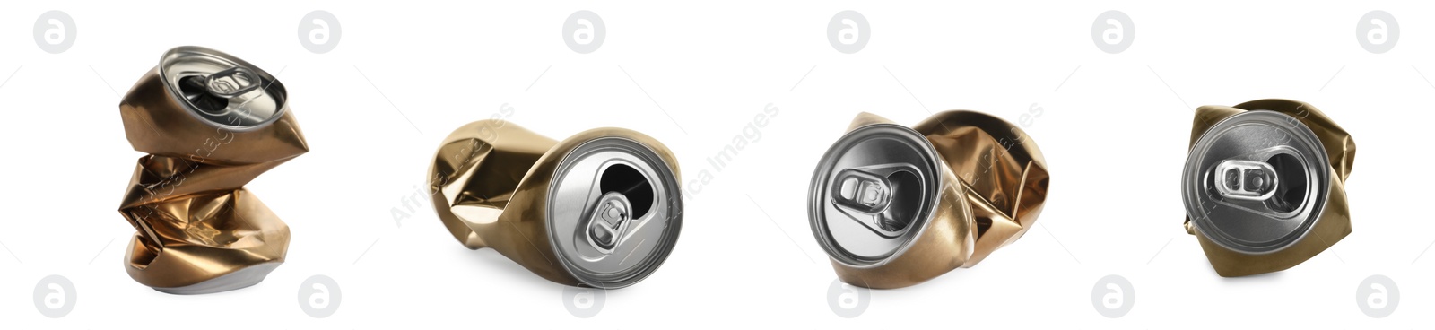 Image of Set with crumpled cans on white background. Banner design