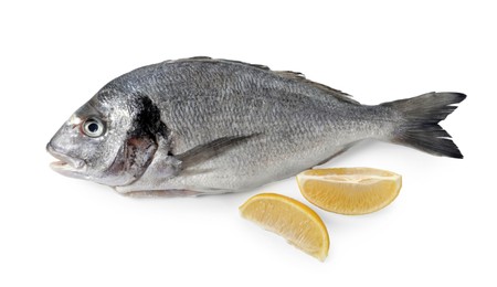 Photo of Raw dorado fish and lemon wedges isolated on white