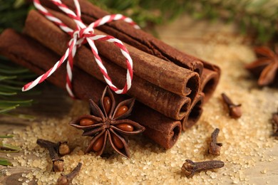 Different aromatic spices on table, closeup view