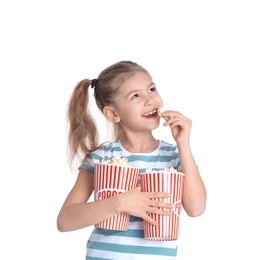 Photo of Cute little girl with popcorn on white background