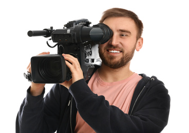 Operator with professional video camera on white background