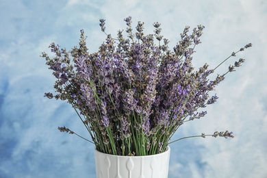 Photo of Pot with blooming lavender flowers on color background