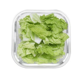 Glass container with fresh cabbage isolated on white, top view