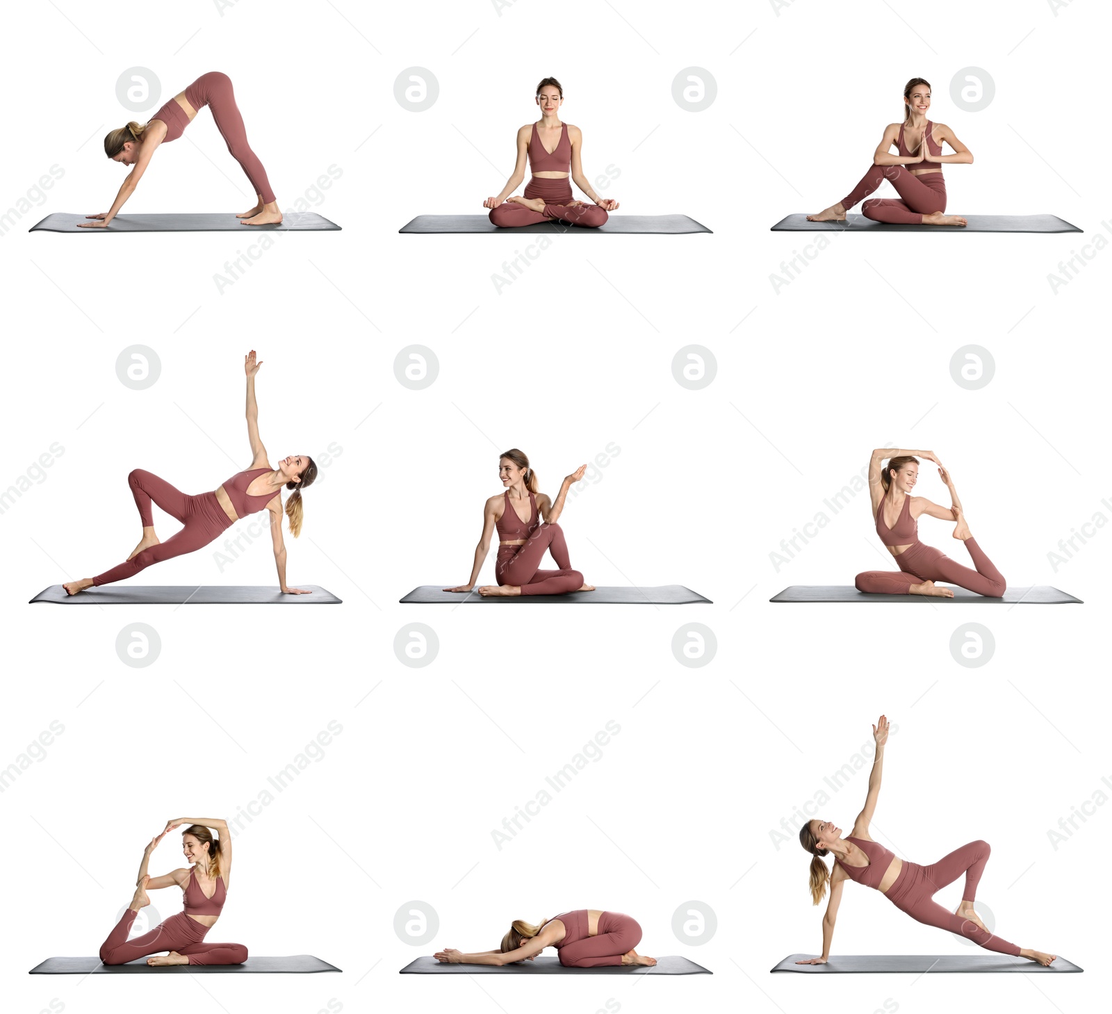 Image of Young woman practicing yoga on white background, collage 