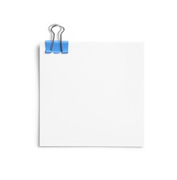 Note paper with clip isolated on white, top view