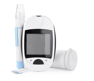 Photo of Digital glucometer, lancet pen and test strips on white background. Diabetes control